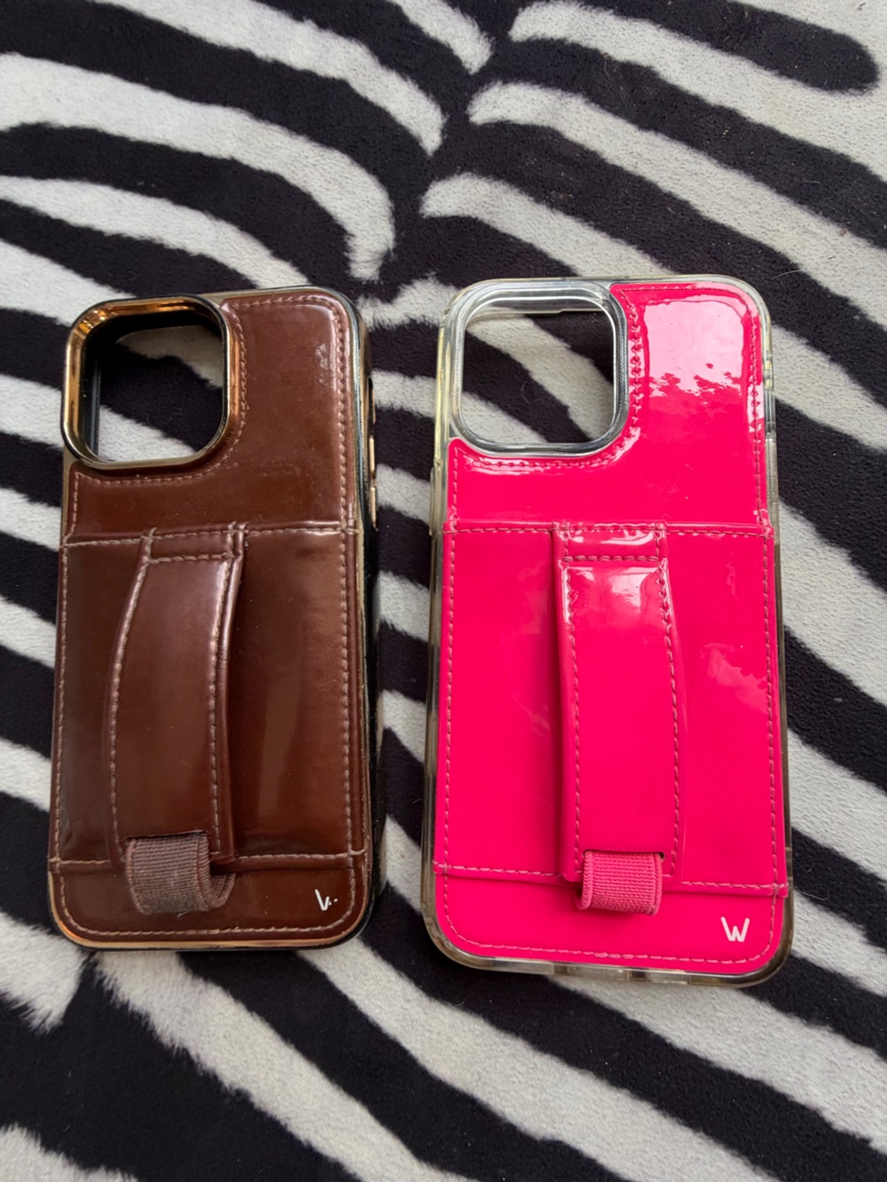rist Strap Phone Case with Card Pocket - Brown & Hot Pink